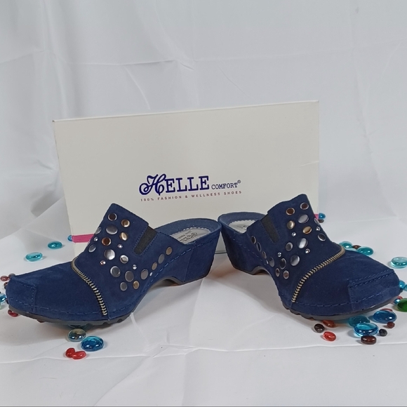 Helle Comfort Suede Studded Women's Navy BSuede Mules. $199 At HELLE. Sz9 - Picture 9 of 10